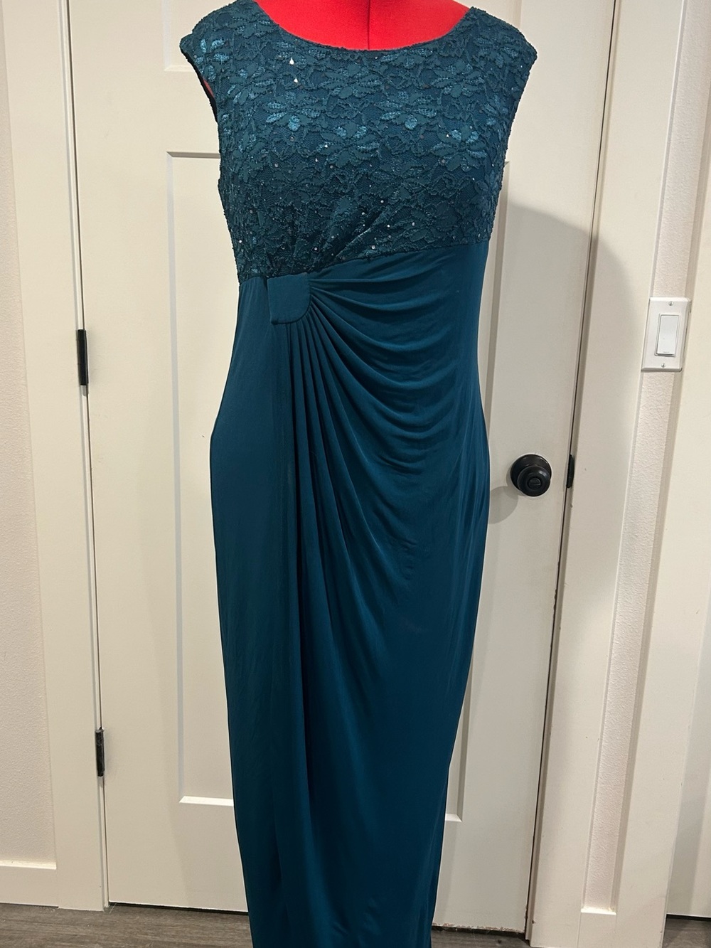 connected apparel Teal Lace-Sequin -Bodice Maxi Dress